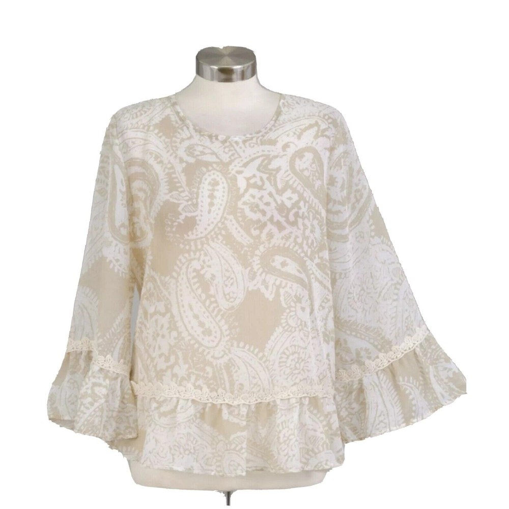 Melissa Paige Top Womens sz M Bell Ruffle Sleeve Sheer Paisley Boho Peasant NWT